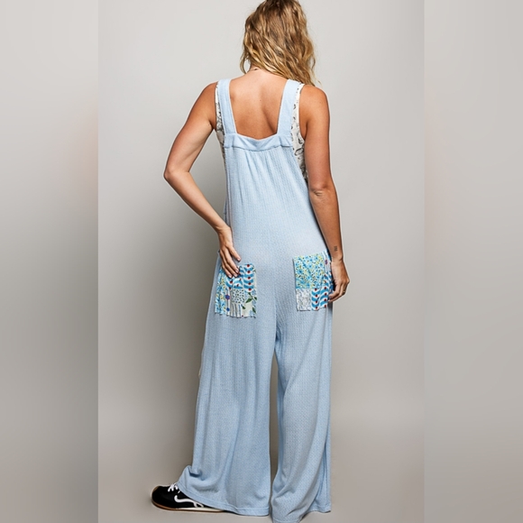 #1432 POL Sky Bloom Patchwork Waffle Knit Boho Overalls - Picture 5 of 6